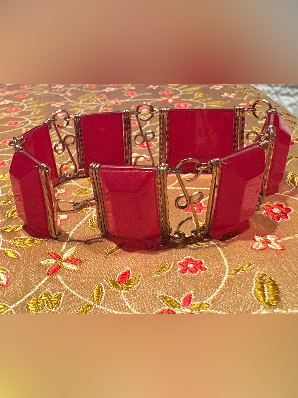 Handmade Gold Wire Wrapped Red Lucite Tiles Link Bracelet 8”